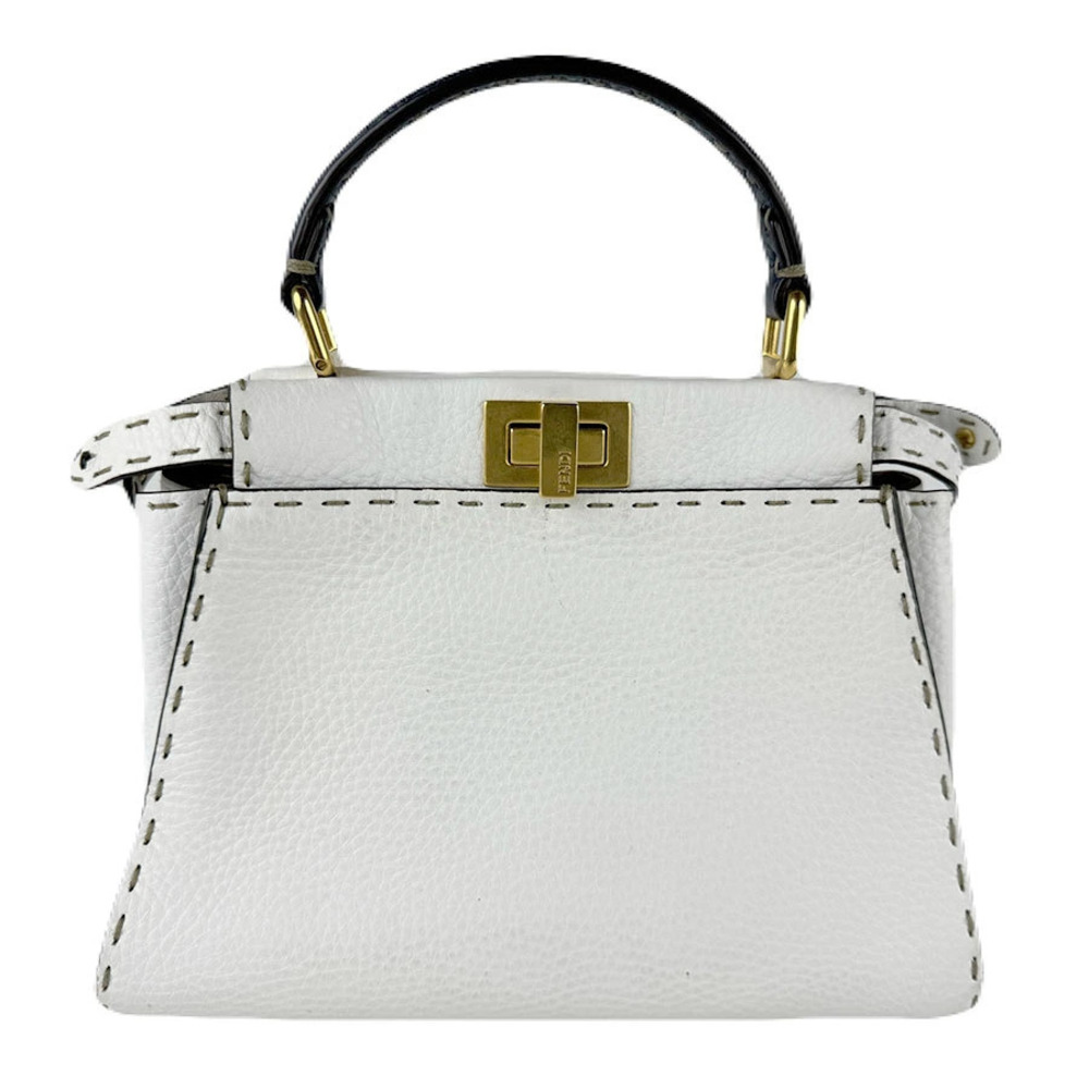 Fendi Peekaboo Iconic Leather 2way Shoulder Bag White Navy Blue Gold